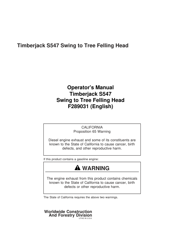John Deere S547 Stt Disc Saw Felling Heads Operator's Manuals (F289031)