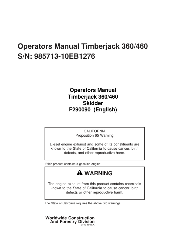 John Deere 360, 460 Skidders Operator's Manuals (F290090)