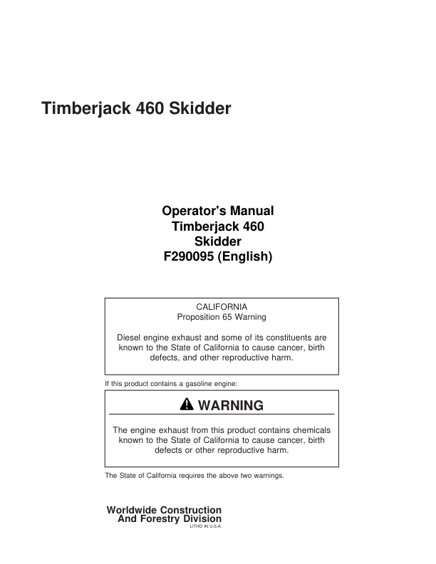 John Deere 460 EURO Skidders Operator's Manuals (F290095)