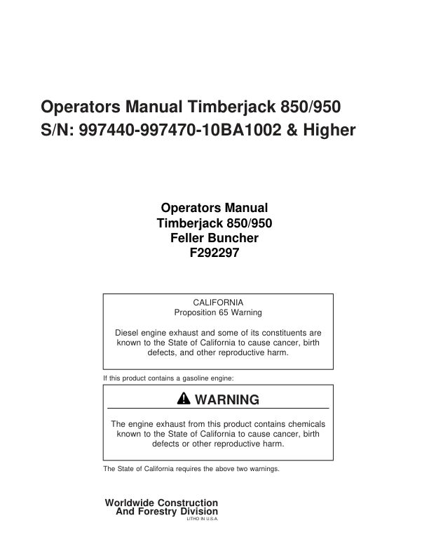 John Deere 850, 950 Tracked Feller Bunchers Operator's Manuals (F292297)