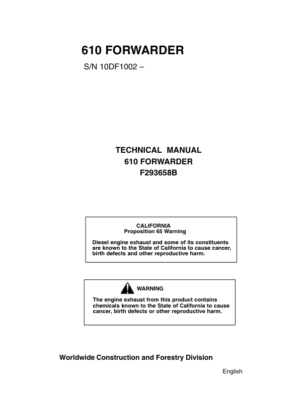 John Deere 610 Forwarders Operator's Manuals (F293658B)