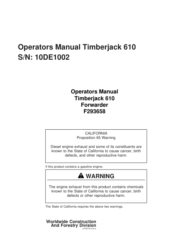 John Deere 610 Forwarders Operator's Manuals (F293658)