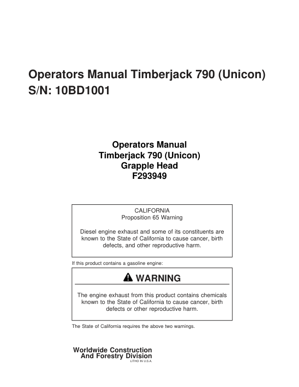John Deere 790 Felling Heads Operator's Manuals (F293949)