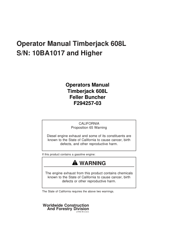 John Deere 608L Tracked Feller Bunchers Operator's Manuals (F294257)