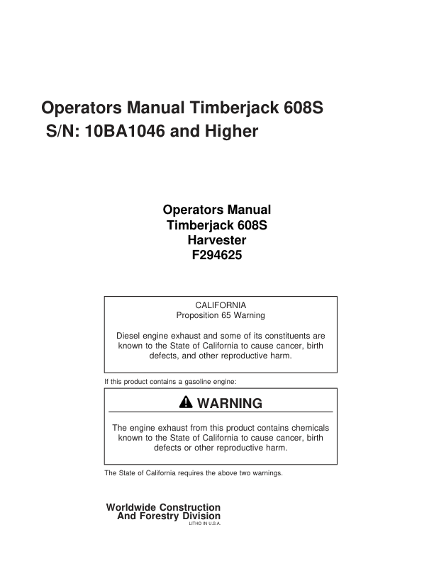 John Deere 608S Tracked Harvesters Operator's Manuals (F294625)