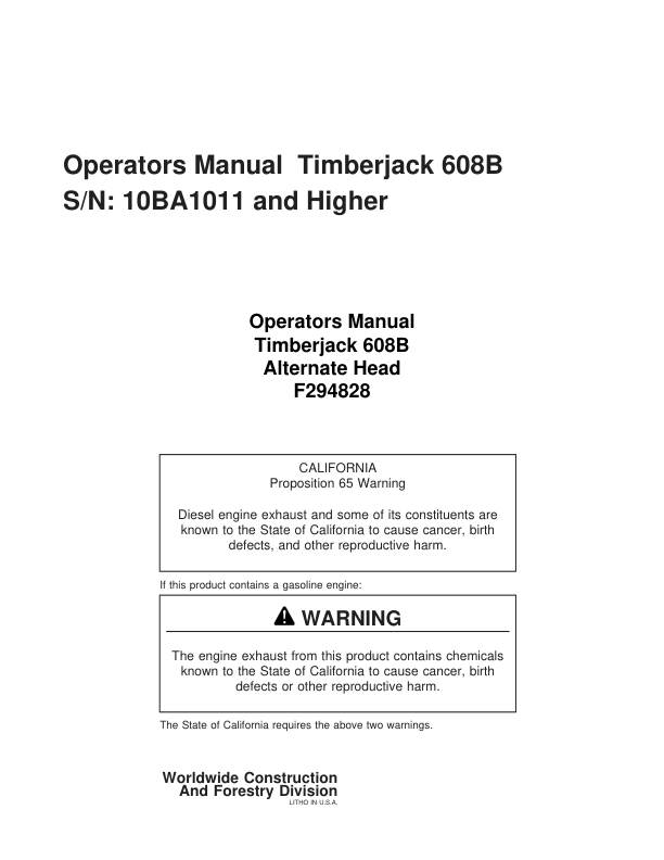 John Deere 608B Tracked Harvesters Operator's Manuals (F294828)