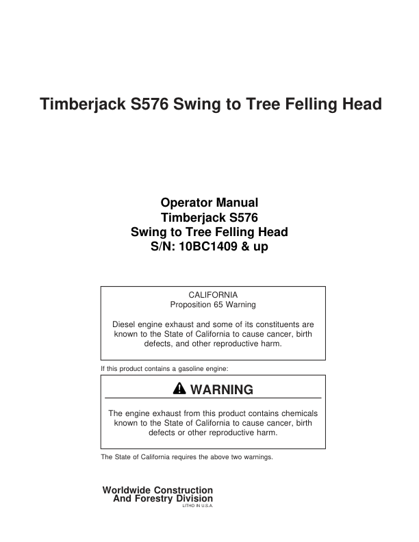 John Deere S576 Stt Disc Saw Felling Heads Operator's Manuals (F294946)