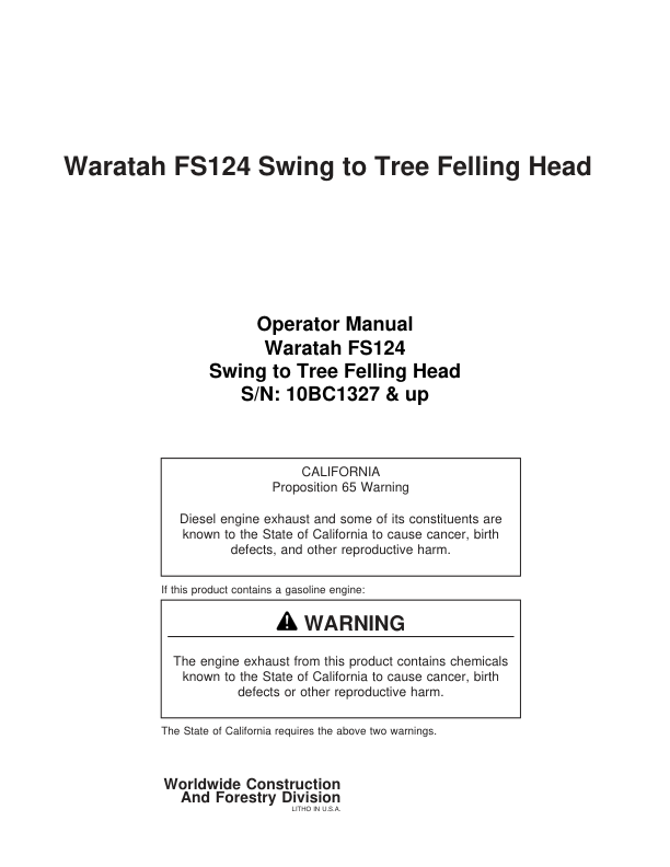 John Deere FS124 Stt Disc Saw Felling Heads Operator's Manuals (F295407)