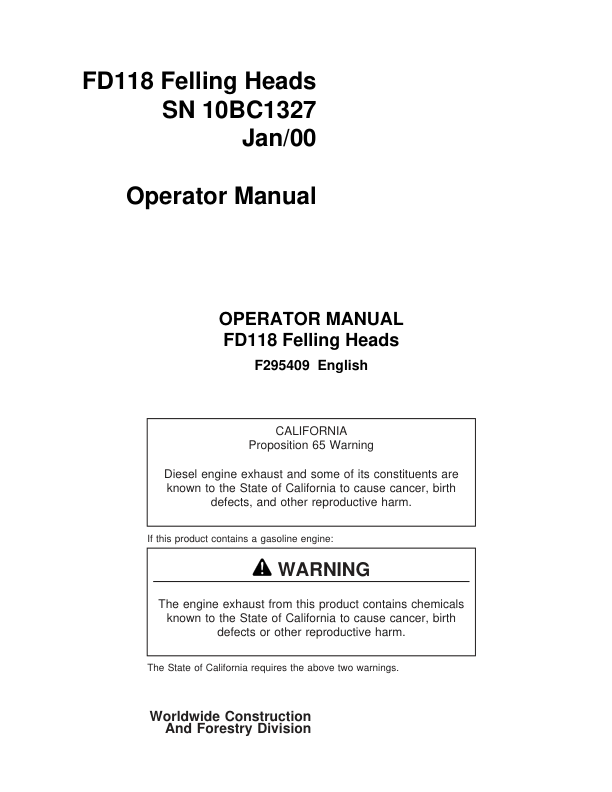 John Deere FD118 Dtt Disc Saw Felling Heads Operator's Manuals (F295409)