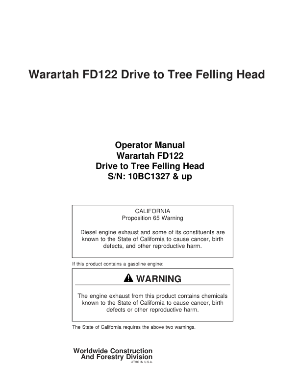 John Deere FD122 Dtt Disc Saw Felling Heads Operator's Manuals (F295411)