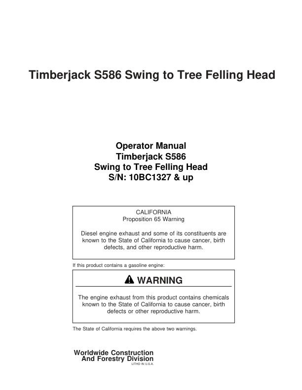 John Deere S586 Stt Disc Saw Felling Heads Operator's Manuals (F295729)