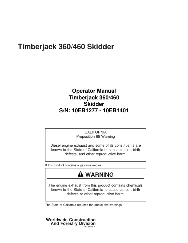 John Deere 360, 460 Skidders Operator's Manuals (F296047A)