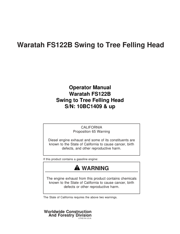 John Deere FS122B Stt Disc Saw Felling Heads Operator's Manuals (F298143)
