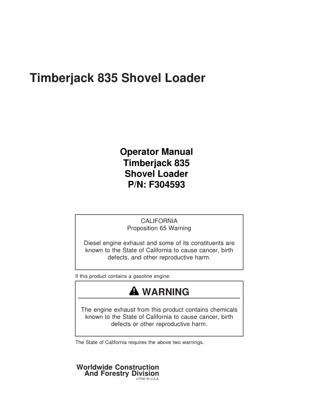 John Deere 835 Knuckleboom Loader Operator's Manuals (F304593)
