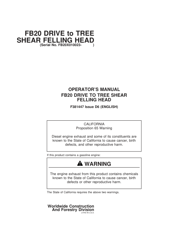 John Deere FB20 Wheeled Feller Bunchers Operator's Manuals (F381447)