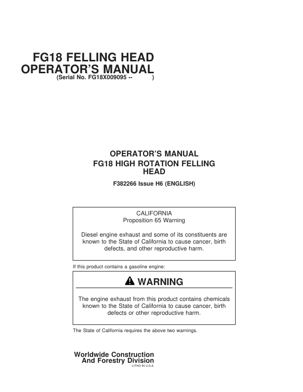 John Deere FG18 Tracked Feller Bunchers Operator's Manuals (F382266)