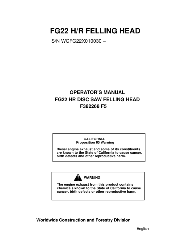 John Deere FG22 Tracked Feller Bunchers Operator's Manuals (F382268)