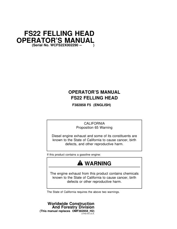 John Deere FS22 Tracked Feller Bunchers Operator's Manuals (F382858)