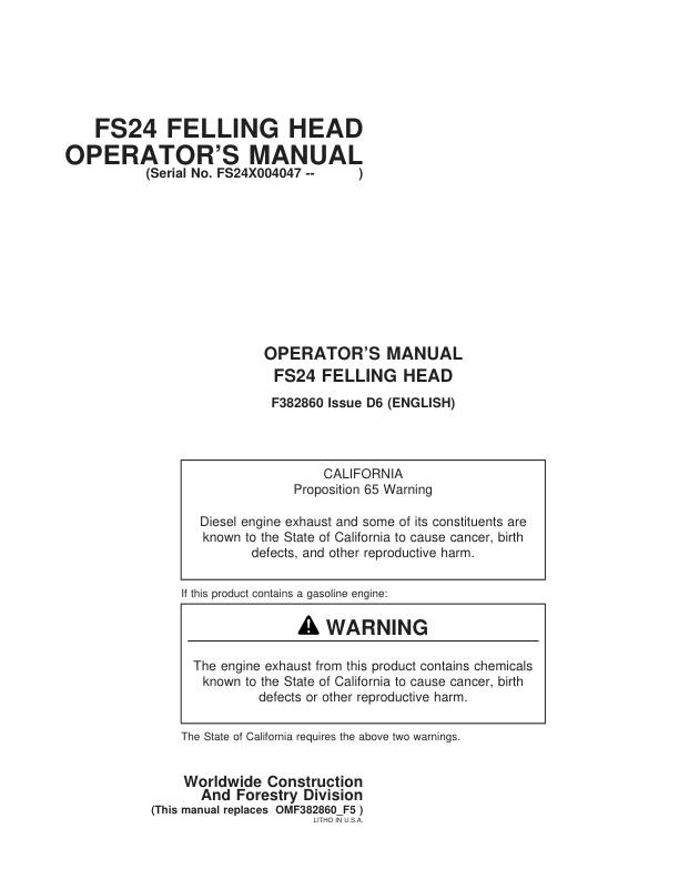John Deere FS24 Tracked Feller Bunchers Operator's Manuals (F382860)