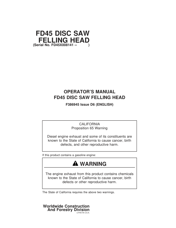 John Deere FD45 Felling Heads Operator's Manuals (F386945)