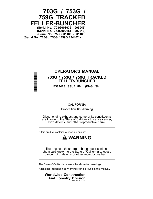 John Deere 703G, 753G, 759G Tracked Feller Bunchers Operator's Manuals (F387428)