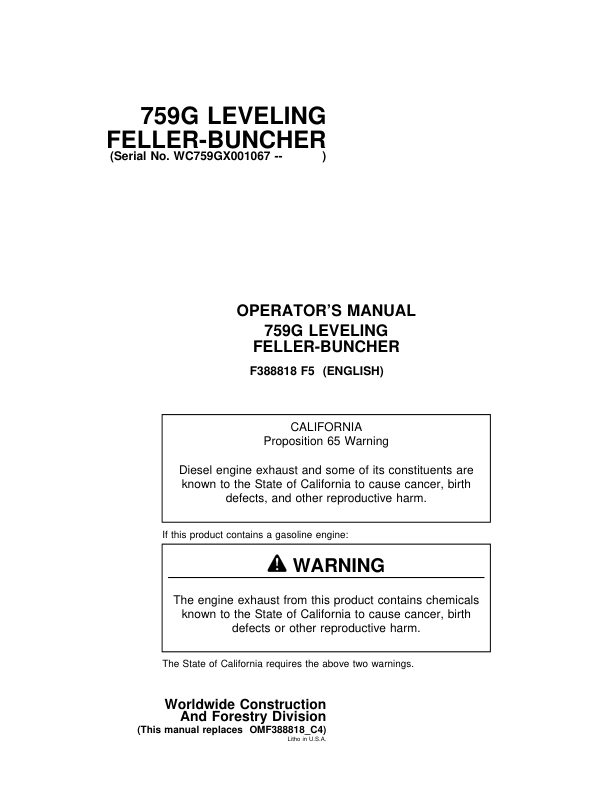John Deere 759G Tracked Feller Bunchers Operator's Manuals (F388818)