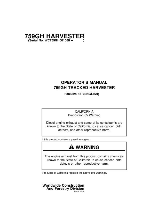 John Deere 759GH Tracked Harvesters Operator's Manuals (F388824)