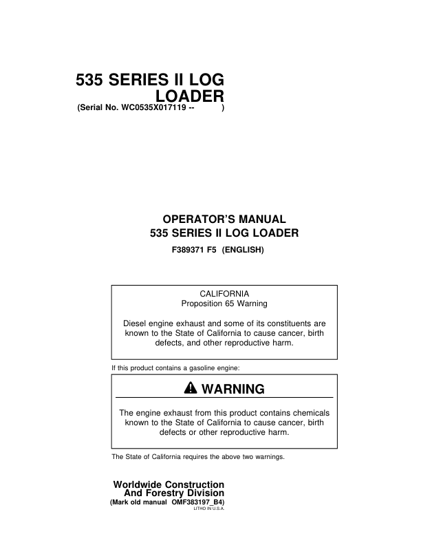 John Deere 535, 530B Knuckleboom Loader Operator's Manuals (F389371)
