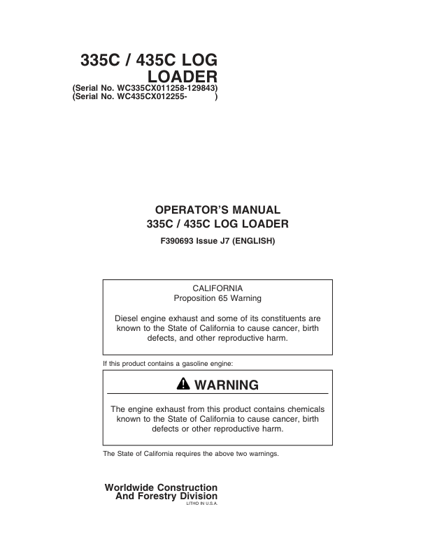 John Deere 335C, 435C Knuckleboom Loader Operator's Manuals (F390693)