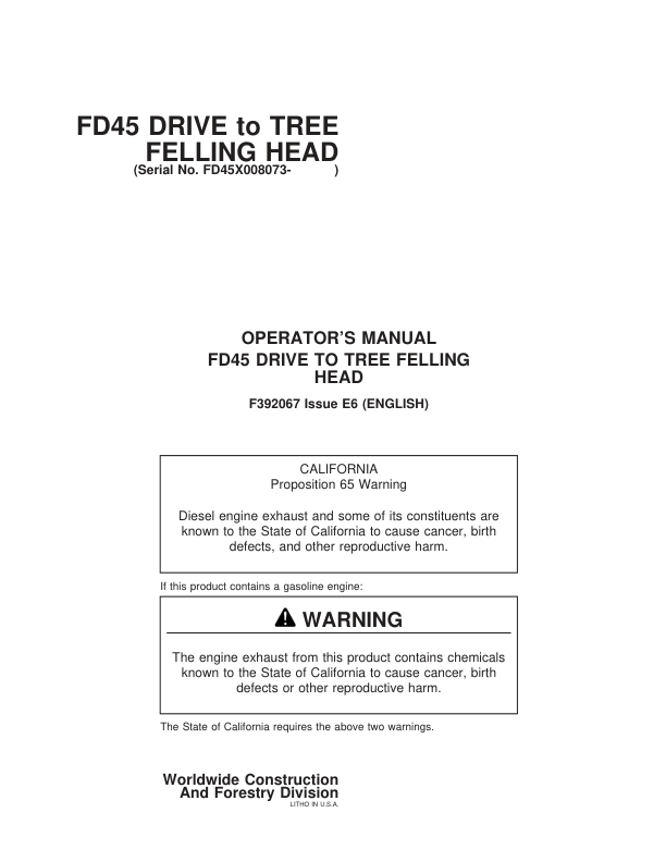 John Deere FD45 Dtt Disc Saw Felling Heads Operator's Manuals (F392067)