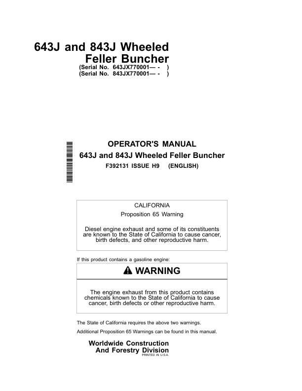 John Deere 643J, 843J Wheeled Feller Bunchers Operator's Manuals (F392131)