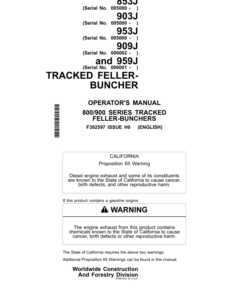 John Deere 853J, 903J, 953J, 909J, 959J, 850J, 900J, 950J Tracked Feller Bunchers Operator's Manuals (F392597)
