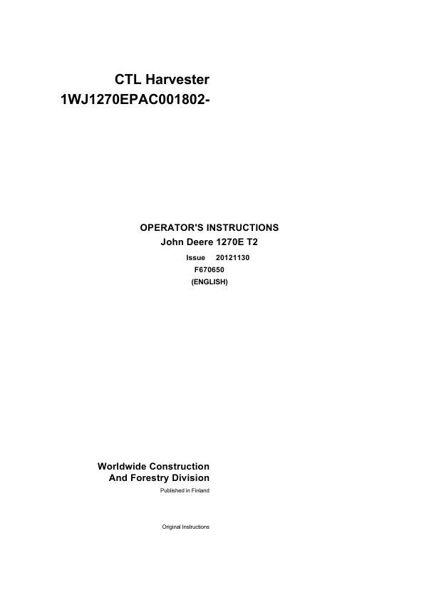 John Deere 1270E T2 Wheeled Harvesters Operator's Manuals (F670650)