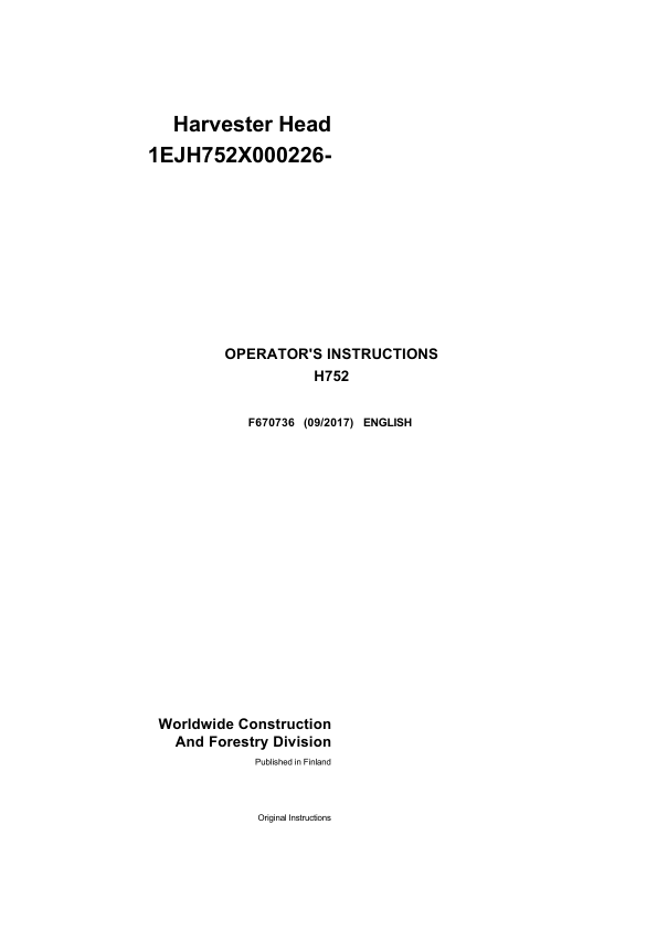 John Deere H752 Harvesting Heads Operator's Manuals (F670736)