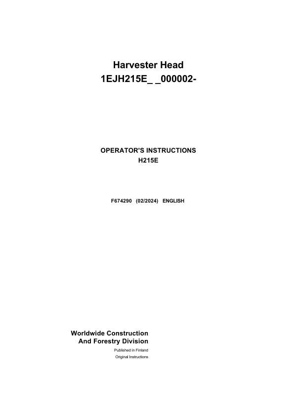 John Deere H215E Harvesting Heads Operator's Manuals (F674290)