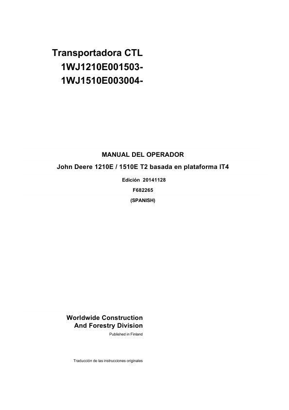 John Deere 1210E IT4 T2, 1510E IT4 T2 Forwarders Operator's Manuals (F682265GENI)