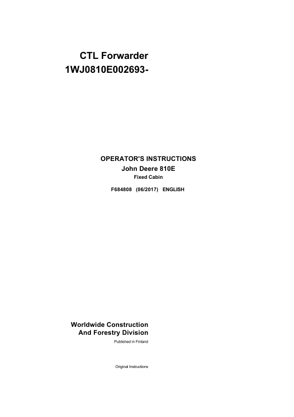 John Deere 810E T3 FFC Forwarders Operator's Manuals (F684808)