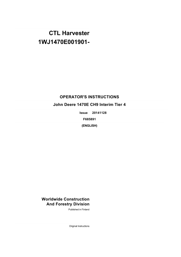 John Deere 1470E IT4 CH9 Wheeled Harvesters Operator's Manuals (F685891GENI)