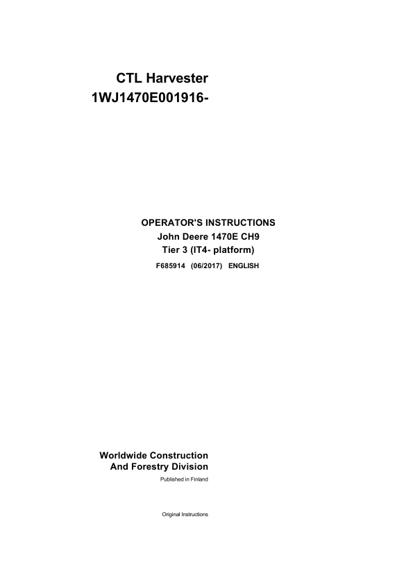 John Deere 1470E IT4 CH9 T3 Wheeled Harvesters Operator's Manuals (F685914)