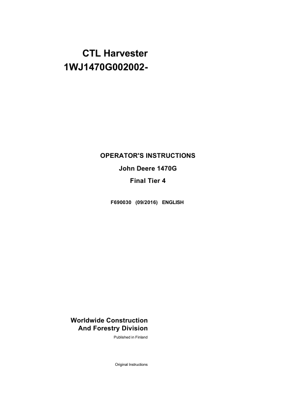 John Deere 1470G Wheeled Harvesters Operator's Manuals (F690030)