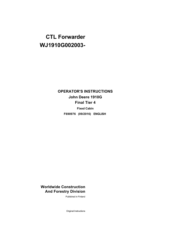 John Deere 1910G Forwarders Operator's Manuals (F690976)
