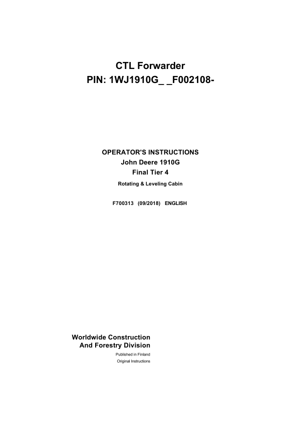 John Deere 1910G Forwarders Operator's Manuals (F700313)