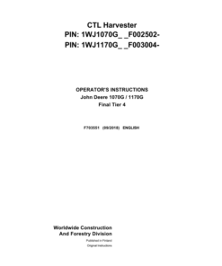 John Deere 1070G, 1170G Harvester Operator's Manuals (F703551)