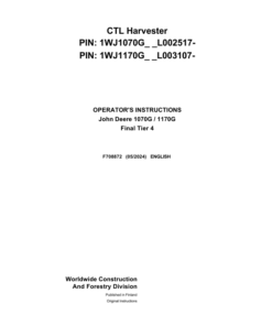 John Deere 1070G, 1170G Harvester Operator's Manuals (F708872)