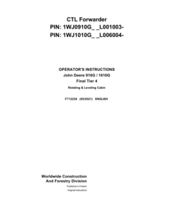 John Deere 910G, 1010G Forwarders Operator's Manuals (F712228)