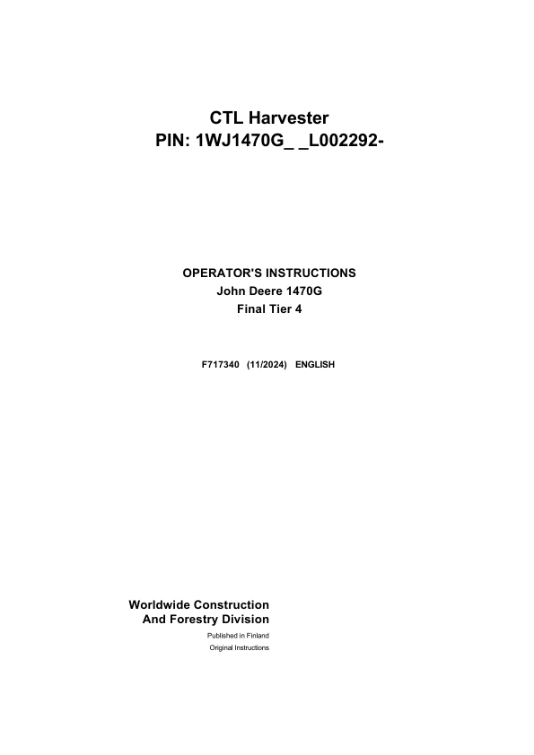 John Deere 1470G Harvester Operator's Manuals (F717340)