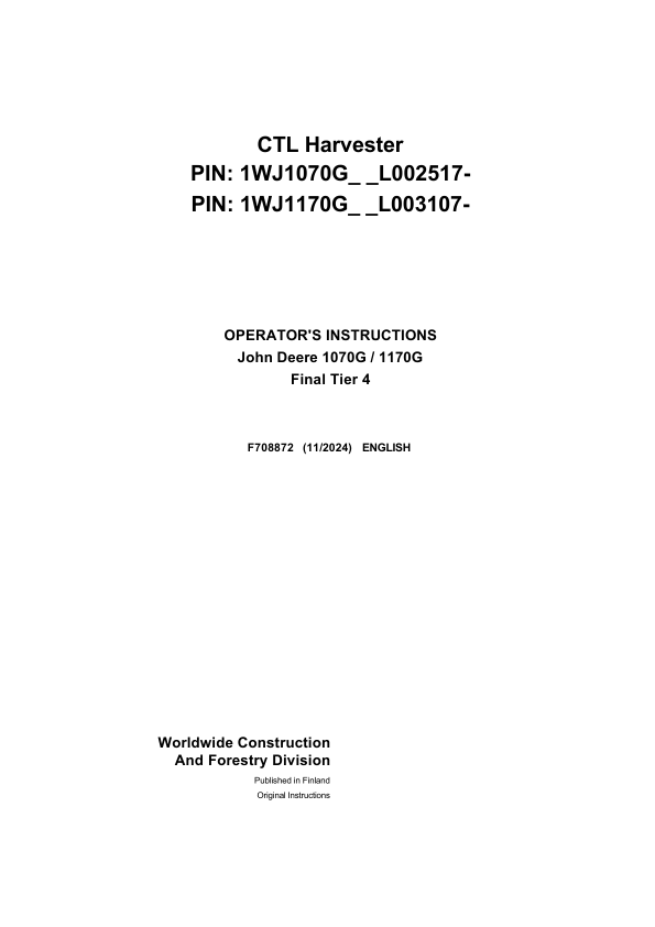 John Deere 910G, 1010G Forwarders Operator's Manuals (F723138)