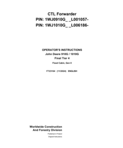 John Deere 910G, 1010G Forwarders Operator's Manuals (F723164)