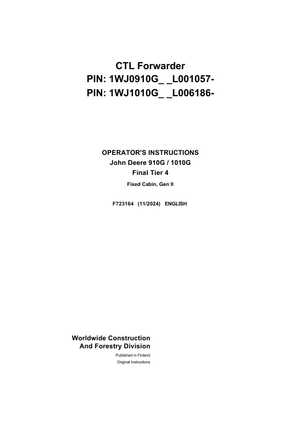 John Deere 910G, 1010G Forwarders Operator's Manuals (F723164)