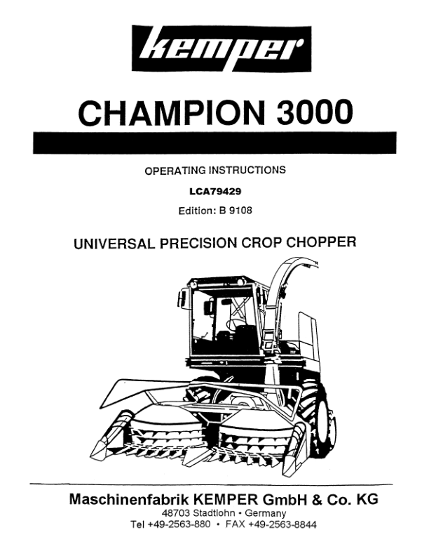 John Deere Kemper Champion 3000 Universal Precision Crop Chopper Operator's Manual (LCA79429)